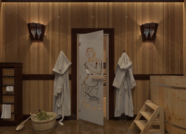 Стеклянные двери с рисунком для бани и сауны